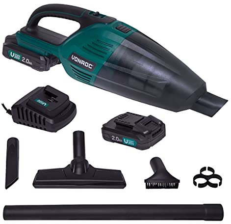VONROC Kabelloser Staubsauger – 2 Akkus 2,0 Ah und Ladegerät 20 V Vpower – Staubbehälter 0,5 l – 3 Düsen und Verlängerung von 46 cm – Filter und Behälter abnehmbar und waschbar