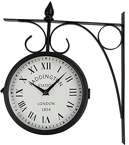 Wrought Iron Antique-Look Brown Round Double Sided Two Faces Retro Station Clock - Chandelier Wall Hanging With Scroll Side Mount for Home Decor (Black+White)