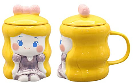 Tazza da caffè in ceramica con coperchio 3D, motivo: principessa (giallo principessa, 350 ml)