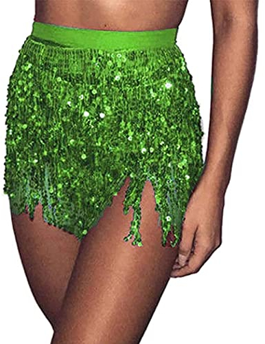 Flovel Glitzernder Paillettenrock Grüner Fransen Glitzerrock Bauchtanzkostüm Weihnachten Rave Rock für Damen