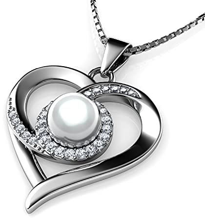 DEPHINI Leidenschaft Perlenkette | Herz Halskette | Zirkonia | 925 Sterling Silber | Frauen Schmuck | Geschenke für Frauen