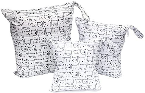 Egurs 3 Stück/Set Windeltasche mit wiederverwendbar Stoff Wetbag Nasstaschen Organiser Beutel für Babys Windeln, schmutzige Kleidung und anderes Zubehör Katze-weiß
