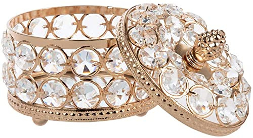 CENPEK Joyero de cristal brillante caja de joyería para pendientes, anillos, superficie de espejo con tapa para San Valentín, boda, cumpleaños, decoración del hogar (12 x 10 cm, dorado)