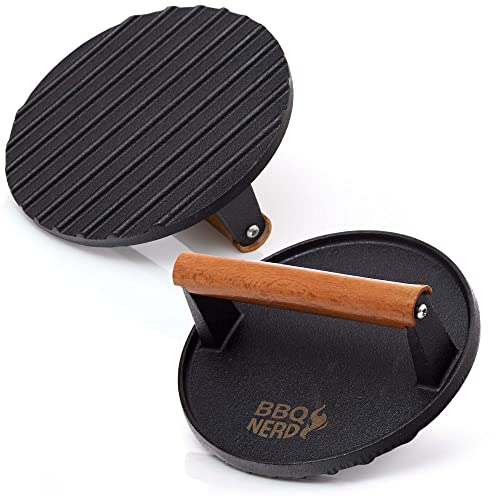 BBQ Nerd Fleischpresse aus Gusseisen mit Holzgriff - 18 cm rund - Fleischbeschwerer Burgereisen Grillpresse - Grillgewicht für BBQ Fleisch, Burger Patties, Bacon, Käse, Sandwiches etc.