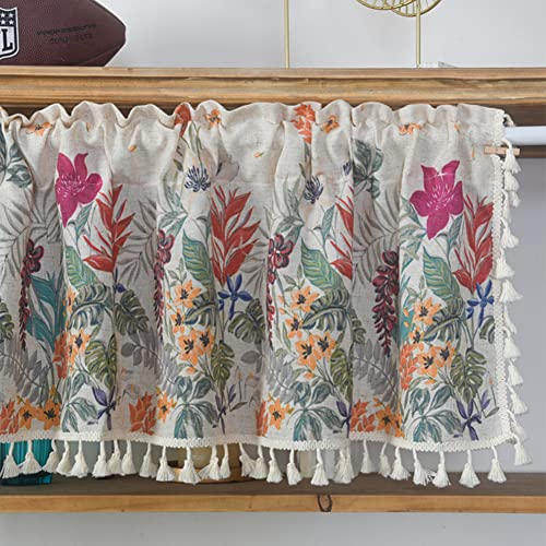 Michorinee Scheibengardine Bistrogardinen mit Schlaufen Kurzstore Küchengardine Leinenoptik Kurze Landhausstil Blumen Pflanze Muster Gardinen mit Quaste für Küche Wohnzimmer B 150 × H 45 cm