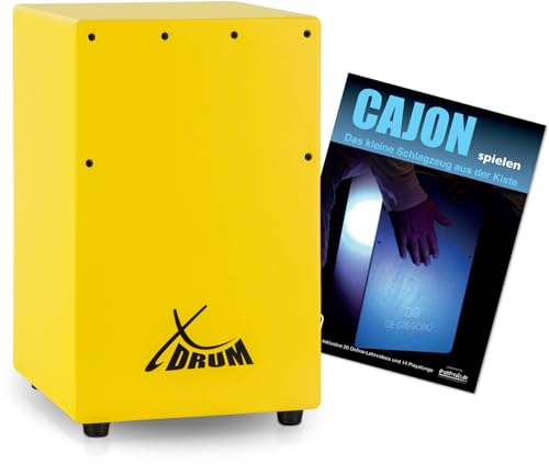 XDrum KC-37G Kinder-Cajon Set - Kleine Cajon Für Kinder - 36 cm Hoch - Snare-Effekt Durch Stimmbare Gitarrensaiten - Spar-Set Mit Schule Für Einsteiger - Gelb