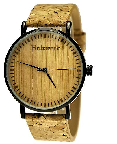 Holzwerk Germany Handgefertigte Flache Designer Unisex Herren-Uhr Damen-Uhr Öko Natur Vegan Holz-Uhr Armband-Uhr Analog Klassisch Quarz-Uhr Kork Armband Holz Ziffernblatt Schwarz