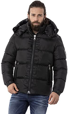 Cipo & Baxx Herren Mantel CM201 Schwarz – Stylische Winterjacke im modernen Design mit warmem Innenfutter, abnehmbarer Kapuze und funktionalen Details für kalte Tage - CM201 Schwarz L