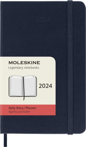 Moleskine Tagesplaner 12 Monate 2024, Planer 2024, Pocket Format 9x14, Hardcover und elastischer Verschluss, Saphirblau