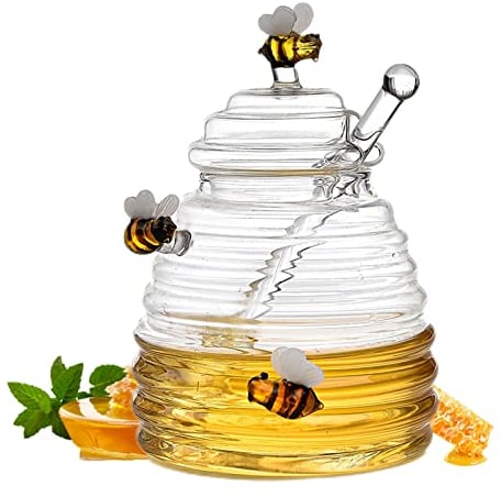 Glass Honey Jar with Dipper & Lid - Transparent Glass Honey Dispenser, Unique Beehive Shape Honeypot for Home Kitchen, Jams or Spices