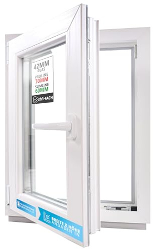 Kellerfenster Kunststofffenster weiß, BxH: 70 x 80 cm / 700 x 800 mm 3-fach Verglasung (42 mm) Dreh-Kipp inkl. Pilzkopfverriegelung, DIN Links (Griff Rechts), 70 mm Profil