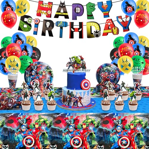 Partygeschirr Kindergeburtstag, 107 Stück Superhelden Geburtstagsdeko Junge Geburtstag Party Geschirr Kit mit Papptelle Servietten Strohhalme für Junge und Mädchen 10 Gäste