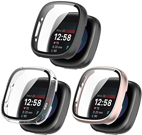 RuenTech Hard PC Schutzhülle für Fitbit versa 4, Hülle Mit Glas Displayschutz, schutzfolie Glas Abdeckung für Fitbit Sense 2 Hülle Watch-Zubehör (Schwarz+Klar+Pink)