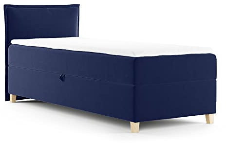 Sofnet Boxspringbett Fren Mini mit Bettkasten - Einzelbett mit Bonell-Matratze und Topper, Polsterbett mit Holzfüße, Bett, Schlafzimmer, Kinderzimmer (Dunkelblau (Kronos 09), 100 x 200 cm)