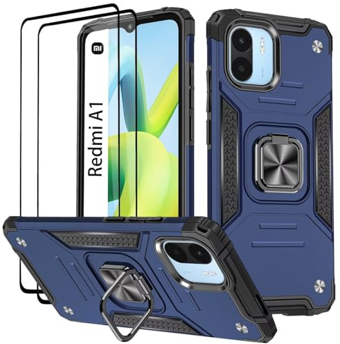 KANSi Funda para Xiaomi Redmi A1 / Redmi A2, Cristal Vidrio Templado [2 Piezas] Capa Anillo iman Soporte Hard PC y Silicona TPU Antigolpes Armor Carcasa - Azul