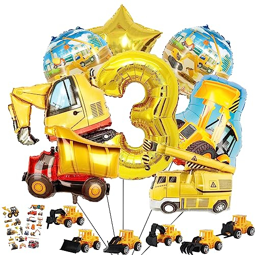 Bagger kinder 3. jahre luftballons geburtstag Deko set,geburtstagsdeko baustelle - Mit 6 Stück Bau-LKW-Modell Spielzeuggeschenken und Aufklebern