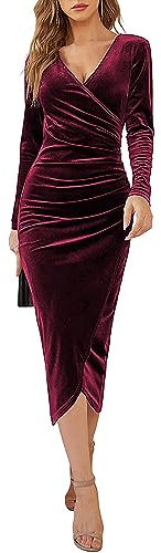 Joligiao Women Long Sleeve Velvet Wrap Dress - V Neck Elegant Party Cocktail Gown With Ruched High Waist Slit for Evening and Clubbing - Wine Red L