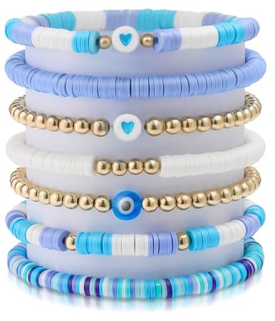 Yowivon Blaue Preppy Perlen Armbänder Nette Freundschaftsarmbänder Böses Auge Herz Clay Bead Armband Stapelbar Sommer Strand Surfer Schmuck für Frauen Teen Geschenke