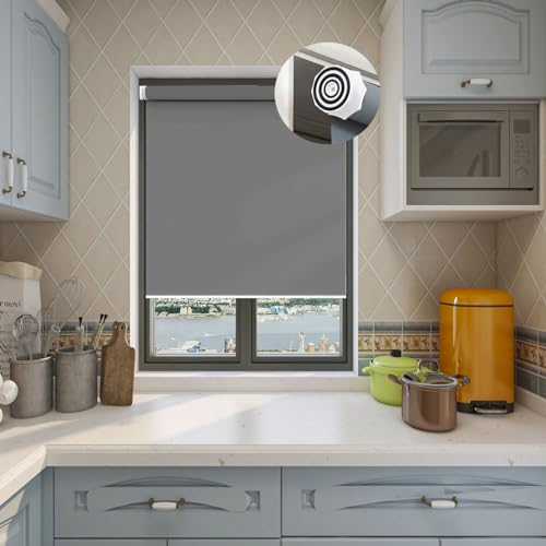 Fensterrollo innen Ohne Bohren Klemmfix 30 x 110 cm Sichtschutz und Sonnenschutz, Hitzeschutzrollo lichtundurchlässig I Flexibler Seitenzug für Fenster und Türen, Hellgrau