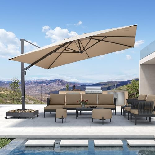 PURPLE LEAF 4 X 4 m Parasol Déporté de Terrasse Renforcée, Parasol De Jardin Exterieur Rotatif 360° Mât de Parapluie Épais Version Améliorée, Avec Protection Solaire UPF50+, Pour Terrasses, Beige