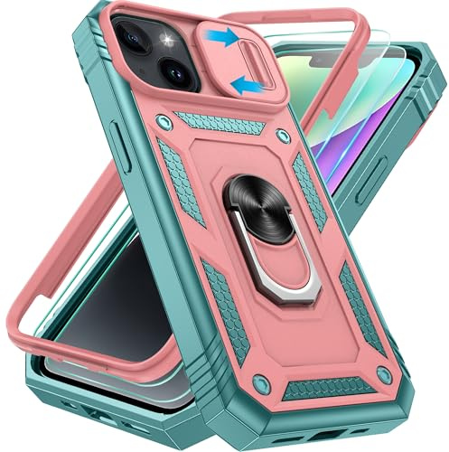 Pilaru 3 in 1 for iPhone 13/14 Case |With Front Frame| 2 Screen Protector[Separate] & Kickstand Ring & Camera Cover Military Grade Drop Shockproof Protection for iPhone 13/14 Phone,Rose/Green