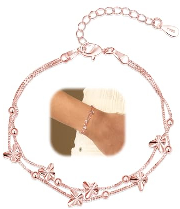 XOEMEL Bracciale in argento 925 per donna, con farfalle, oro rosa, da donna, con perle, regolabile, a strato, braccialetto dell'amicizia, idea regalo per donne, 17,7 pollici, Argento sterling