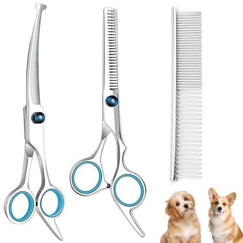 LZGOPE Pet Grooming Scissors with Safety Rounded Tips, Stainless Steel Grooming Trimming Set for Dogs and Cats, 6.7-Inch Professional Thinning and Curving Shears, Hair Care Tool with Comb (3PCS)