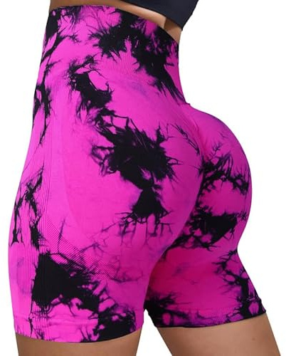 Litthing Women Gym Shorts Tie Dye High Waisted Seamless Workout Cycling Shorts Scrunch Butt Shorts Tummy Control Yoga Shorts Quick Dry Sport Short for Running Fitness Workout Rose Red