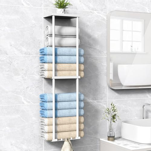 Liuoud Porte-serviettes pour salle de bain, support mural pour serviettes enroulées, porte-serviettes vertical avec étagère pouvant contenir jusqu'à 6 grandes serviettes de bain, noir