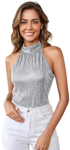 GORGLITTER Neckholder Top Damen Bluse Glitzer Party Oberteil Pailletten Ärmellos Tops mit Stehkragen Silber L