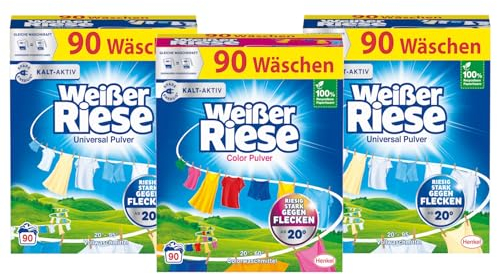 WEISSER RIESE Pulver-Set 3x 90 Waschladungen (270WL) 1x Color & 2x Universal, Color- & Vollwaschmittel wirkt riesig stark gegen Flecken, Kalt-Aktiv schon ab 20° C, ergiebiges Waschpulver