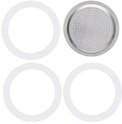 Set 4 pezzi Ricambi, Include 3pcs Guarnizioni + 1pc Filtro, Filtro Per Caffettiera, Anello di Tenuta, Filtro di Ricambio per Moka e Caffettiera Espresso, Accessori per Pentole Moka (6 Tazze)