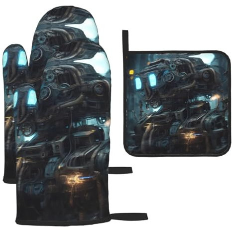 Future Robot Oven Mitt Set, Heat Resistant, Grill Mitt and Pot Holder, Suitable for Kitchen Cooking Baking and Microwave (Set of 3)