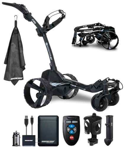 MGI Zip Navigator All-Terrain Remote Controlled Electric Motorized Push Cart Golf Caddie | Includes Drink, GPS/Phone, and Umbrella Holders | with Signature Series Power Bundle & Golf Towel