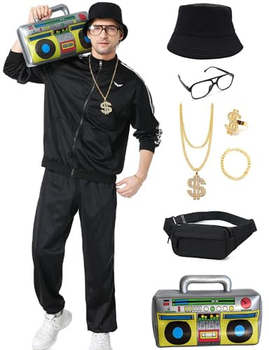 Ezuwail 80er Kostüme Herren Halloween Karneval Kostüme Hip Hop Outfit 90er Retro Trainingsanzug Party Jogginganzug 9Stk(Schwarz/XL)