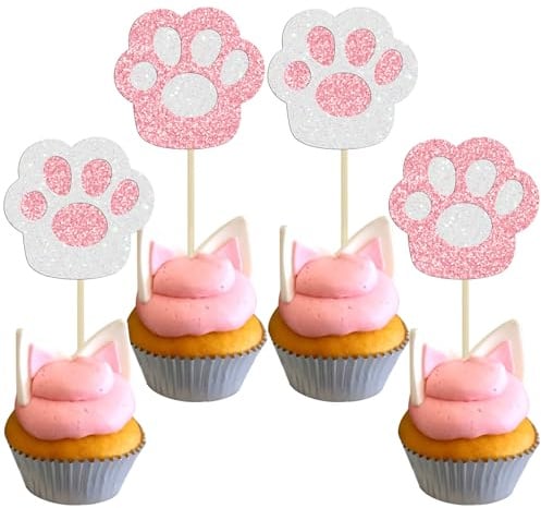 Ephlyn Cupcake-Topper mit Pfotenmotiv, glitzernd, für Welpen, Hunde, Cupcake-Dekorationen für Babyparty, Kinder, Jungen, Mädchen, Geburtstagsparty, Kuchendekorationen, Zubehör, Rosa, 24 Stück