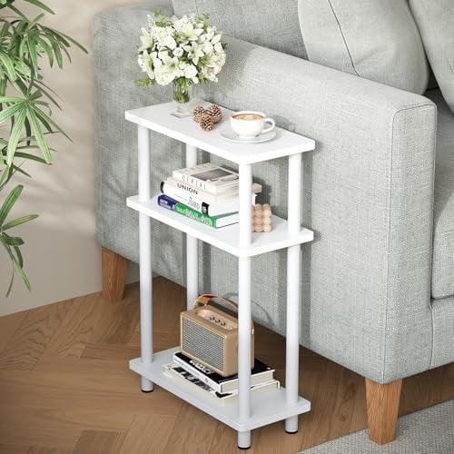 APICIZON Beistelltisch Schmal 3 Tier Beistelltisch Holz, 40x18x61.5CM, Nachttisch Schmal mit Stauraum, Beistelltische Klein für Wohnzimmer, Schlafzimmer, Balkon, Weiss
