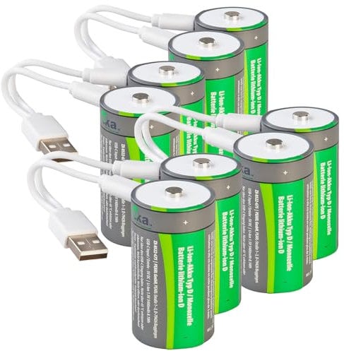 tka Köbele Akkutechnik USB-Akku Typ D: 8er-Set Li-Ion-Akkus Typ D mit USB-C, 5.400 mAh, 8.100 mWh, 1,5 V (Lithium-Ionen, Accu, Taschenlampe)