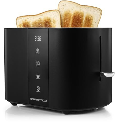 GOURMETmaxx Toaster Kurzschlitz für 2-Scheiben | Schwarzer Toaströster mit 6 Bräunungsgraden und Ready-2-eat-Countdown | Elektrisches Küchengerät mit Touchdisplay, Brötchenaufsatz & Aufwärmfunktion