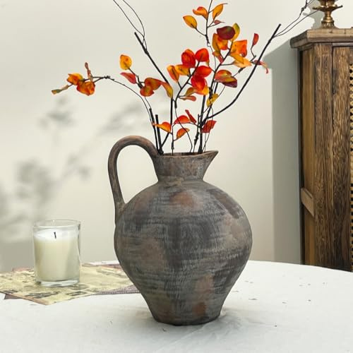 JIDOFUE Braun rustikale Keramik Vase Vintage Blume Vase Nehmen Sie den Griff,Keramik Terrakotta Hoher Boden Bauernhaus Rustikal für Home Decor Mittelstück Wohnzimmer
