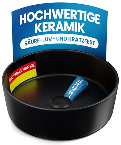 rtmr Aufsatzwaschbecken, Waschbecken rund 36 cm – Keramik Waschschale schwarz matt – modernes Design Waschtisch Schüssel für Bad & Gäste-WC – Waschbecken rund inkl. Siphon