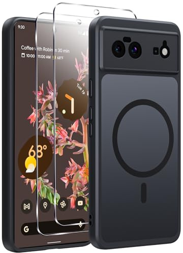 Yxnvixn Magnetic for Google Pixel 6 (5G) Case with 2* Screen Protector, [Compatible with Magsafe] Translucent Matte Back Shockproof Anti-Fingerprint Phone Case Cover 6.4-Inch, Black