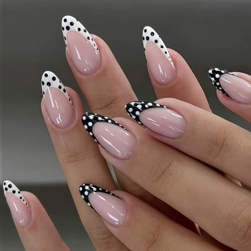 OuryTech Press On Nails, 24 Piece Nails to Stick On with Black White French Tips, Artificial Almond-Shaped Nail, Reusable