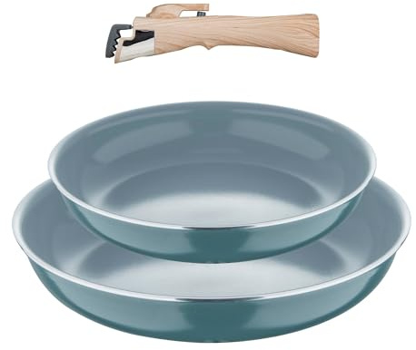 Bergner Click&Cook Pfannen-Set, 2 Stück, Ø 24 x 28 cm, recyceltes gepresstes Aluminium, grün + abnehmbarer Griff