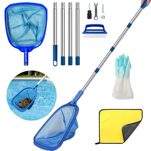 185CM Épuisette Piscine avec Manche Telescopique Accessoire Piscine | Kit de Piscine Nettoyage avec Brosse Serviette, Accessoires pour Piscine, pour Bassin, Bac Bulles Aquarium