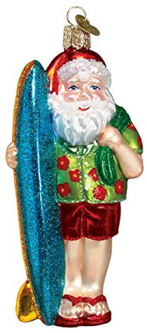 Old World Christmas Surfer Santa Glass Blown Ornament for Christmas Tree, Handcrafted Holiday Decoration, Santa Collection