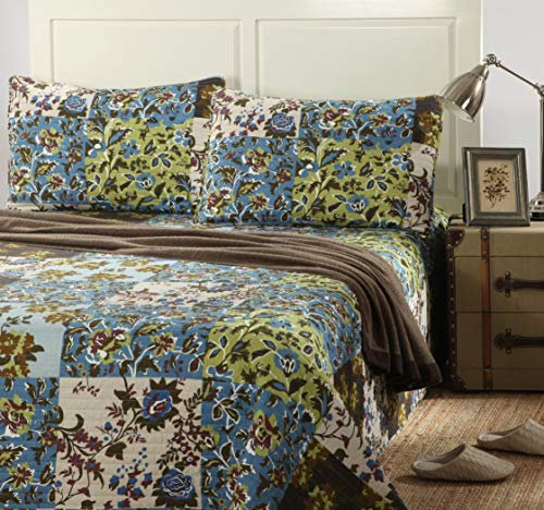 Tache Tagesdecke-Set, 2-3-teilig, Motiv: Lost Forest, 100 % Baumwolle, wendbar, Frühlingsblau-grün-Blumenmuster, Patchwork-Tagesdecke, Queen-Size-Bett