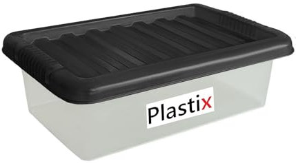 Plastix Clear Plastic Storage Box Boxes With Black Lids Home Office Stackable UK Made (5, 6L)