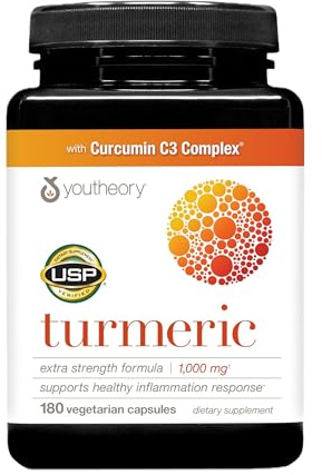 Youtheory Turmeric Extra Strength - 1,000 mg - Supports Muscle & Joint Health* - Contains Bioenhancers, Curcuminoids & Herbal Extracts - USP Verified - 180 Vegetarian Capsules (90-Day Supply)