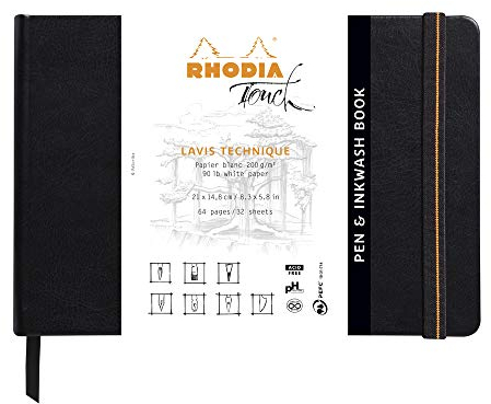 Rhodia 116126C - Skizzenbuch Hardcover Pen & Inkwash Book, 32 Blatt, Zeichenpapier Lavis weiß, 21x14,8 cm 200g (Querformat), 1 Stück